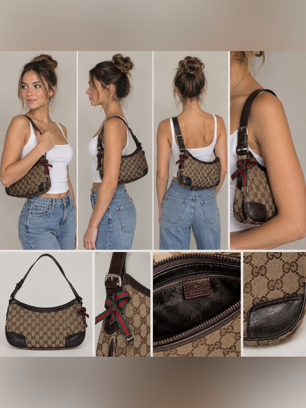 Vintage Gucci GG monogram canvas shoulder bag with signature green/red Web strip